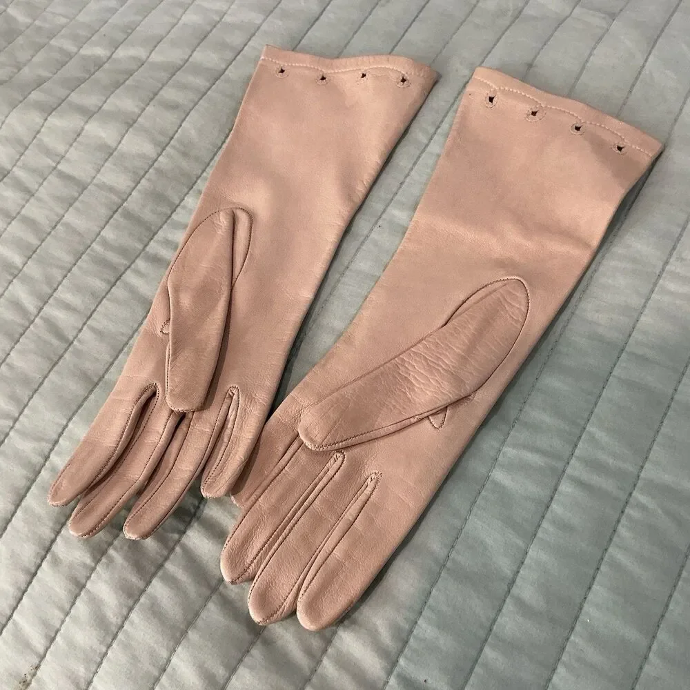 Vintage Ladies Long Ivory Leather Opera Gloves Eyelet Cutwork Size 6 Pair